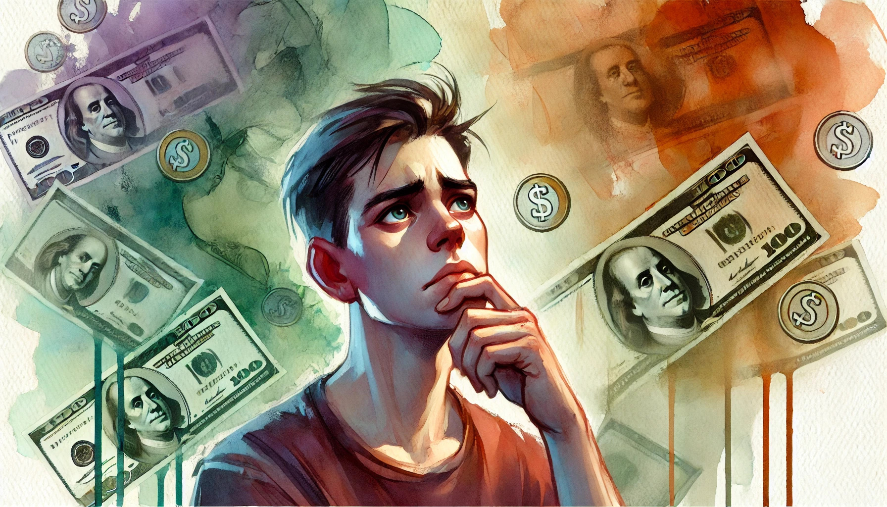 Watercolor painting of a person deep in thought, contemplating the question, "Making Money is Hard. Why?