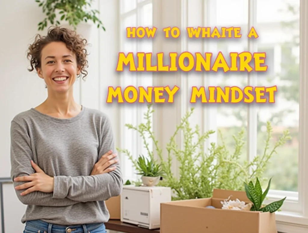 A person sitting at a desk with a notebook, pen, and a laptop, visualizing financial success, surrounded by symbols of wealth like graphs, coins, and dollar signs, embodying a Millionaire Money Mindset.