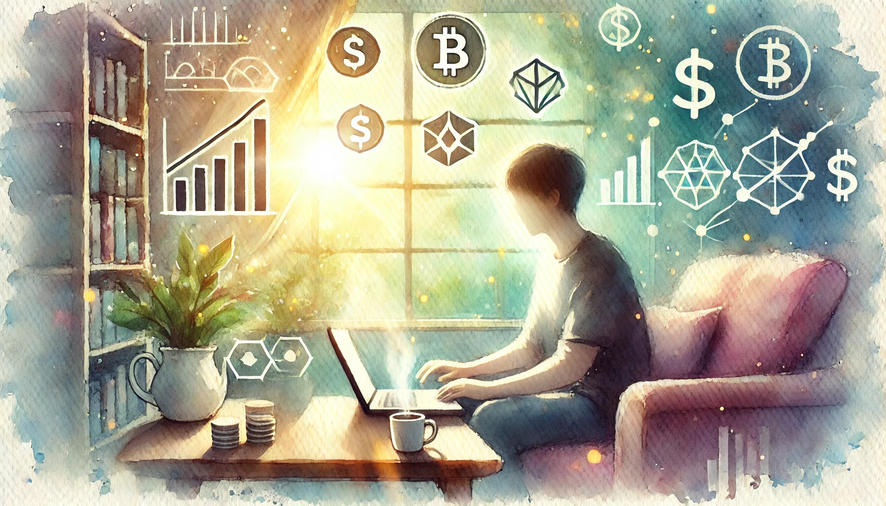 A watercolor painting of a person make a second Income online.
