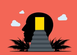 Illustration of a person breaking free from chains labeled with negative money beliefs, symbolizing overcoming limiting beliefs about money.