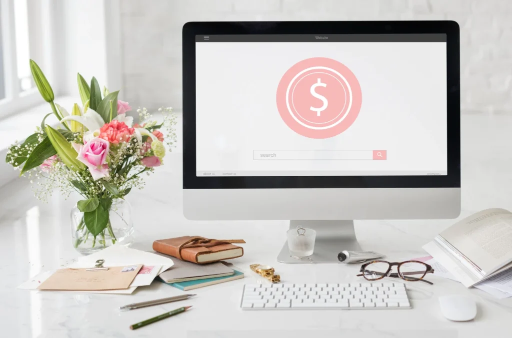 Visual showing a blogger earning money through affiliate marketing, ads, and selling digital products.